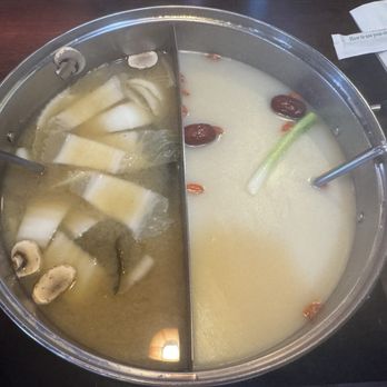 Sichuan Hot Pot - Left to Right: Seaweed Miso Broth and House Special Collagen Milk Broth - Hot Pot Near Me - Fresno, California Sichuan Hot Pot - Left to Right: Seaweed Miso Broth and House Special Collagen Milk Broth - Hot Pot Near Me - Fresno, California