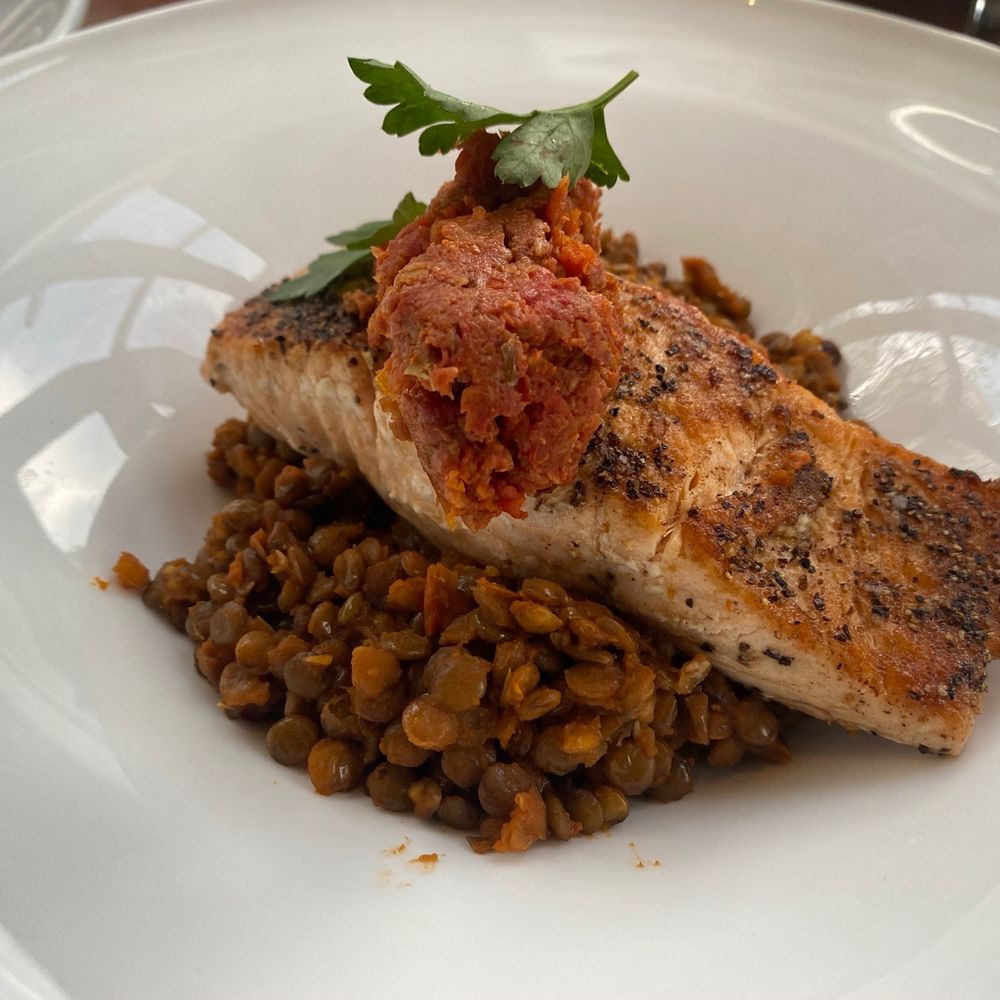 Water's Edge Grill - Salmon and lentils - New American Near Me - Cambridge, Maryland Water's Edge Grill - Salmon and lentils - New American Near Me - Cambridge, Maryland