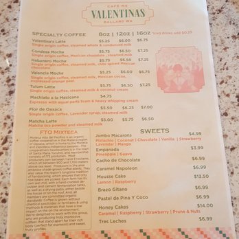 Valentina’s Cafe - Menu (3/29/22) - Coffee & Tea Near Me - Seattle, Washington Valentina’s Cafe - Menu (3/29/22) - Coffee & Tea Near Me - Seattle, Washington