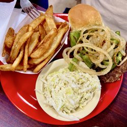 Christie's Kitchen - Hamburger steak with peppers and onions, slaw and fries.