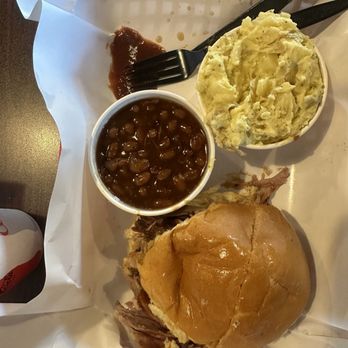 Pappy's Smokehouse - Pulled pork sand with baked beans and pot salad. - Barbeque Near Me - Saint Louis, Missouri
