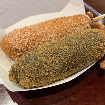 Oh K-Dog - 8. Squid Ink Half and Half Hot Dog and 4. Cheddar Hot Dog (green) - Hot Dogs Near Me - Austin, Texas