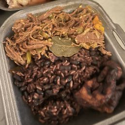 Congris black beans and rice, maduros plantains and pulled pork or pulled beef (ropa vieja)