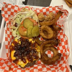 Bbq burger, substituted fries for onion rings
