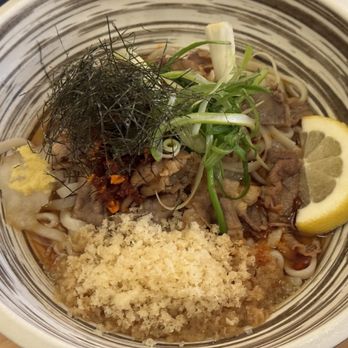 Somenya - Soba restaurant - Cold Spicy Beef Udon (shaved ribeye, tempura flakes, grated radish, ginger, yuzu, scallion, nori, crunchy garlic chili oil) - Japanese Near Me - Boston, Massachusetts Somenya - Soba restaurant - Cold Spicy Beef Udon (shaved ribeye, tempura flakes, grated radish, ginger, yuzu, scallion, nori, crunchy garlic chili oil) - Japanese Near Me - Boston, Massachusetts