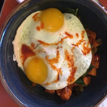 Snooze, an A.M. Eatery - Sweet potato hash from the "Like a feather" section with Gochujang sauce - Breakfast & Brunch Near Me - Tempe, Arizona
