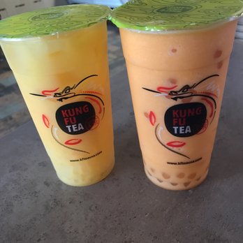 Kung Fu Tea - Yogurt orange with nata jelly and Caribbean breeze slush with white boba - Bubble Tea Near Me - Plano, Texas Kung Fu Tea - Yogurt orange with nata jelly and Caribbean breeze slush with white boba - Bubble Tea Near Me - Plano, Texas
