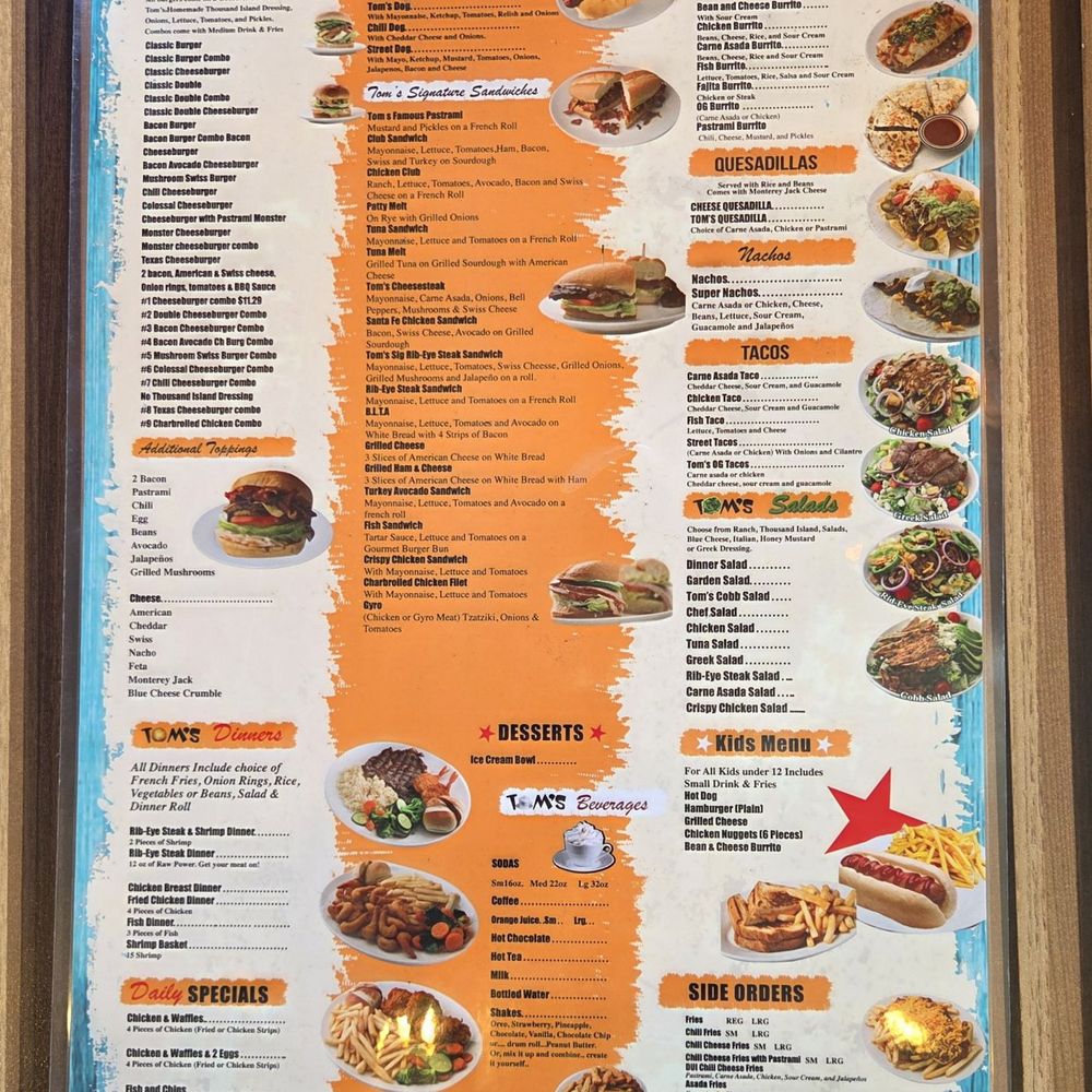 Tom's - Pasadena - March 2026 Menu - No Prices - Burgers Near Me - Pasadena, California