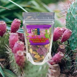 Desert Gatherings - Prickly Pear Trail Mix 3oz is a blend of peanuts, cashews, pecans, almonds, raisins, and chunks of organic prickly pear candy.