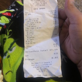 Taco Casa - Here is the Receipt since she didn't believe me !!!!! - Mexican Near Me - Arlington, Texas