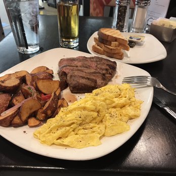 Stephanie's - Steak, eggs, potatoes, toast, apple juice and water. The meal was good but the service was great! - American Near Me - Boston, Massachusetts Stephanie's - Steak, eggs, potatoes, toast, apple juice and water. The meal was good but the service was great! - American Near Me - Boston, Massachusetts