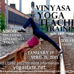 Yoga State of Mind, Body & Soul - Yoga State's Vinyasa Yoga teacher training with Jen Hayes starts January 19, 2015.  Call Jen at 517.282.3922 for more info.