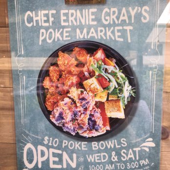 Poke Market - Signage on front of door showing hours and their delicious poke bowls. - Poke Near Me - Hilo, Hawaii