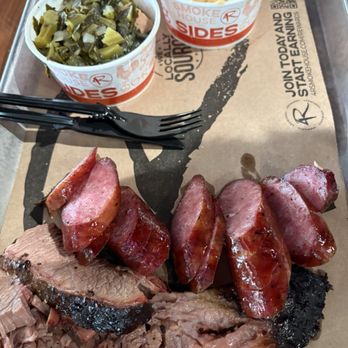 4 Rivers Smokehouse - 2X2 with Texas Sausage and brisket. Collards. Mac and cheese - Barbeque Near Me - Daytona Beach, Florida 4 Rivers Smokehouse - 2X2 with Texas Sausage and brisket. Collards. Mac and cheese - Barbeque Near Me - Daytona Beach, Florida