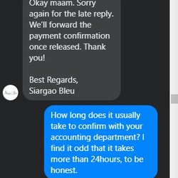 Siargao Bleu Resort & Spa - This is Siargao Bleu's Facebook Messenger's response to my follow up. (Nov 17, 2021)