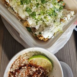 Chilanga Mexican Food - Potatoes Taquitos with Elote in cup.