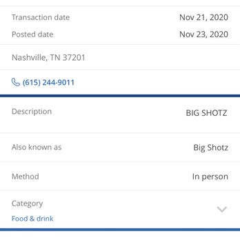 Big Shotz - Total charged to my credit card - Dive Bars Near Me - Nashville, Tennessee Big Shotz - Total charged to my credit card - Dive Bars Near Me - Nashville, Tennessee