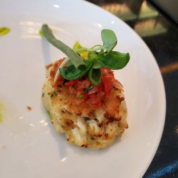 Spago - Maryland Blue Crab Cakes w/ basil pesto, tomato-red pepper relish and micro basil! - New American Near Me - Las Vegas, Nevada Spago - Maryland Blue Crab Cakes w/ basil pesto, tomato-red pepper relish and micro basil! - New American Near Me - Las Vegas, Nevada