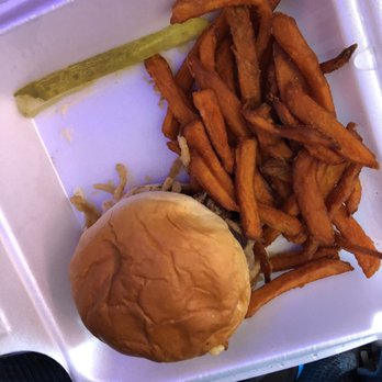 PGA Tour Grill - Kalua pork with grilled onions sandwich on hawaiian sweet bread bun and sweet potato fries. - Bars Near Me - Honolulu, Hawaii