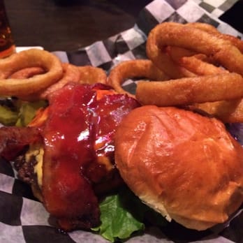 Boulder Tap House - Brown Sugar & Cheddar Burger with Onion rings - American Near Me - Mankato, Minnesota Boulder Tap House - Brown Sugar & Cheddar Burger with Onion rings - American Near Me - Mankato, Minnesota