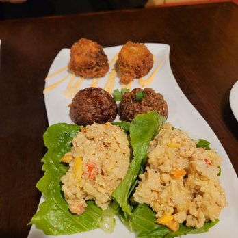 MCS Grill - Vegetarian trio - lettuce wraps, a "meatball", and a fritter - Vegetarian Near Me - Hanapepe, Hawaii