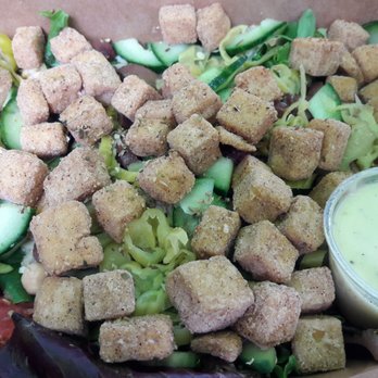 Green Tomato Grill - Greek Crispy Tofu Salad ($9). Fresh ingredients. Lemon vinaigrette dressing was refreshing. A lot of tofu bites there. It filled me up! - New American Near Me - Orange, California Green Tomato Grill - Greek Crispy Tofu Salad ($9). Fresh ingredients. Lemon vinaigrette dressing was refreshing. A lot of tofu bites there. It filled me up! - New American Near Me - Orange, California