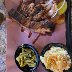 Ribs and pulled pork and potato salad and green beans