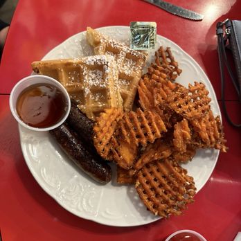 The Toasted Owl Cafe - Waffles, sweet potato waffle fries, sausage - Breakfast & Brunch Near Me - Phoenix, Arizona