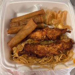 Medium noodle combo plate with chicken satay, lumpia and cream cheese rangoons