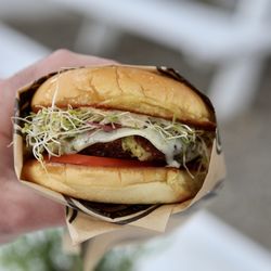 Bear + Flag Roadside - Our Artichoke Burger (vegetarian) housemade artichoke patty, havarti, sprouts, tomato