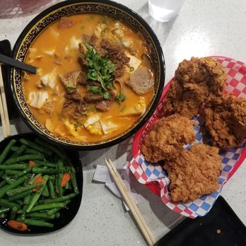 So Tasty - Beef soup w/rice noodles and tomato base; fantastic garlic green beans; crunchy, moist, hot fried chicken thighs w/femur bone removed - Noodles Near Me - Bellevue, Washington So Tasty - Beef soup w/rice noodles and tomato base; fantastic garlic green beans; crunchy, moist, hot fried chicken thighs w/femur bone removed - Noodles Near Me - Bellevue, Washington