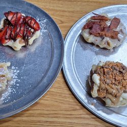 Waffle O Waffle - Shoes, Nutella Strawberry,  glazed blueberry,  maple bacon, butterfingers cheesecake, and lemon blueberry cheesecake mimi waffle flights