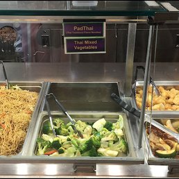 All selections are displayed in stainless steel trays, hot from the kitchen, which is located in back of the counter.