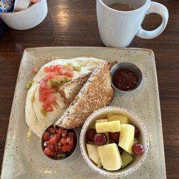 tri-athlete Egg white omelette w/mushrooms, onion, tomato, pico, fry toast w/strawberry jam & fresh fruit and coffee