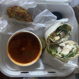 Chicken Caesar wrap, pasta fagioli, sugar cookie