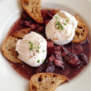 Au Bourguignon du Marais - Appetizer (poached eggs over a smoked bacon-like meat in a wine butter sauce) - French Near Me - Paris, 75 Au Bourguignon du Marais - Appetizer (poached eggs over a smoked bacon-like meat in a wine butter sauce) - French Near Me - Paris, 75