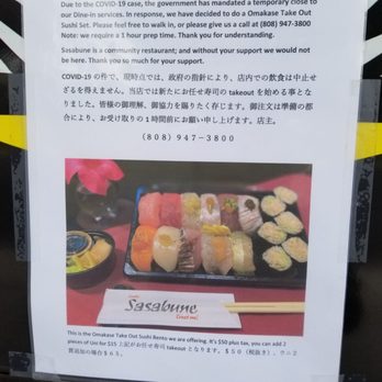 Sushi Sasabune - Special takeout omakase for $50 as of 3.31.20 - Sushi Bars Near Me - Honolulu, Hawaii Sushi Sasabune - Special takeout omakase for $50 as of 3.31.20 - Sushi Bars Near Me - Honolulu, Hawaii