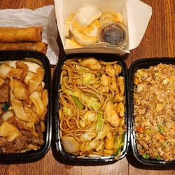 China Stix - Beef Chow fun, Chicken Chow mein, BBQ Pork fried rice, eggs rolls, and Pan Fried Gyozas
