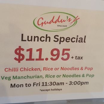 Guddu's Hakka Chinese - a sign for lunch special - Hakka Near Me - Brampton, Ontario Guddu's Hakka Chinese - a sign for lunch special - Hakka Near Me - Brampton, Ontario