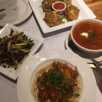 Jibek Jolu - Fried manty (small) in the back. Jibek jolu special salad on the left. Borsh soup on the right. Lagman (small) in the front! - Russian Near Me - Chicago, Illinois Jibek Jolu - Fried manty (small) in the back. Jibek jolu special salad on the left. Borsh soup on the right. Lagman (small) in the front! - Russian Near Me - Chicago, Illinois