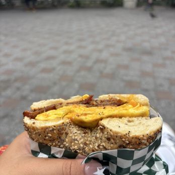 Leon's Bagels - Bacon, egg, Bacon Egg and Cheese Sandwich on an everything bagel - Bagels Near Me - New York, New York Leon's Bagels - Bacon, egg, Bacon Egg and Cheese Sandwich on an everything bagel - Bagels Near Me - New York, New York