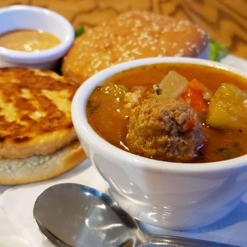 Good Life Cafe - Ultimate Salmon Burger with chipotle mayo and soup instead of fries - Vegetarian Near Me - Mammoth Lakes, California