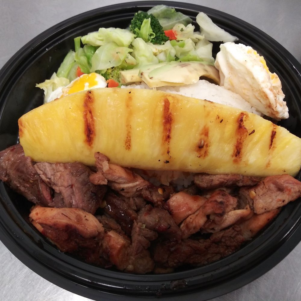 Teriyaki Grill - Teriyaki steak & chicken combo with the "super bowl" add-on. That's 2 poached eggs, sliced avocado, and grilled pineapple. - Japanese Near Me - Layton, Utah Teriyaki Grill - Teriyaki steak & chicken combo with the "super bowl" add-on. That's 2 poached eggs, sliced avocado, and grilled pineapple. - Japanese Near Me - Layton, Utah