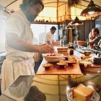 Wild Coast Sushi Bar - The tamago cake which was made of just egg and fish with local honey drizzled on top! Chef Yancy in the shot. - Sushi Bars Near Me - Big Sur, California Wild Coast Sushi Bar - The tamago cake which was made of just egg and fish with local honey drizzled on top! Chef Yancy in the shot. - Sushi Bars Near Me - Big Sur, California