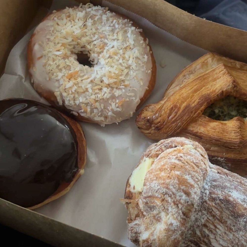 Coconut Cream Donut, Spinach Feta Pastry, Boston Cream Donut,  Cruffin (filled with cream)