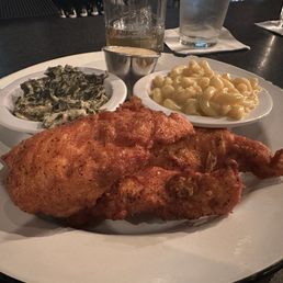 Tenders with Mac and cheese and creamed collard greens Tenders with Mac and cheese and creamed collard greens