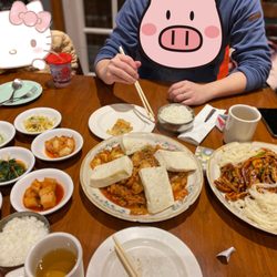 Seocho Garden - Fried pork belly with tofu and kimchi, spicy squid with vegetables with noodle added