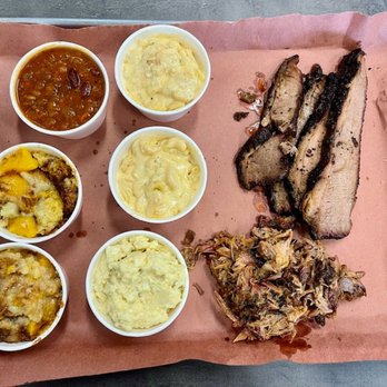 Smoked - AWESOME 4 Meat Platter with double Brisket and Pulled Pork.  Sides of Pot Salad, Mac & Cheese, Baked Beans and Peach Cobbler - Barbeque Near Me - Harahan, Louisiana