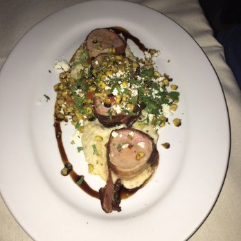 Roaring Fork - Bacon wrapped pork tenderloin on grits w Mexican street corn - American Near Me - Scottsdale, Arizona Roaring Fork - Bacon wrapped pork tenderloin on grits w Mexican street corn - American Near Me - Scottsdale, Arizona