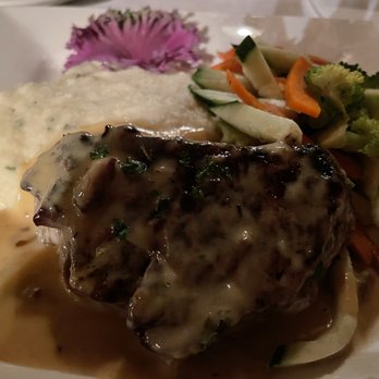 The Sow's Ear - Jack Daniels-Pancetta Filet Mignon with buttermilk mashed potatoes with fresh chive. - Cafes Near Me - Cambria, California